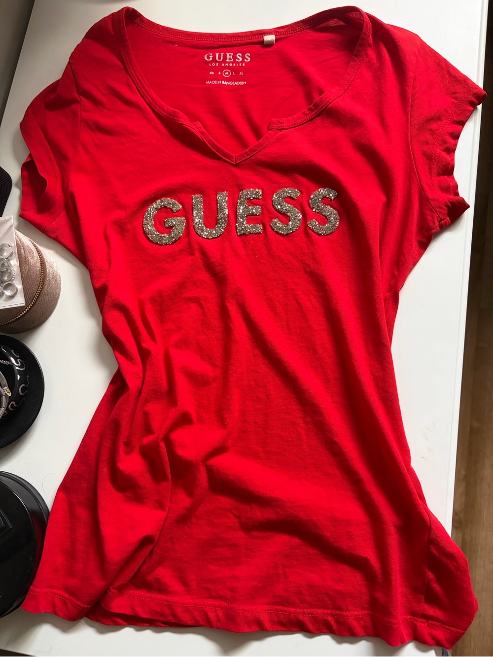 GUESS Red V-Neck Short Sleeve Tee with Sequin Logo